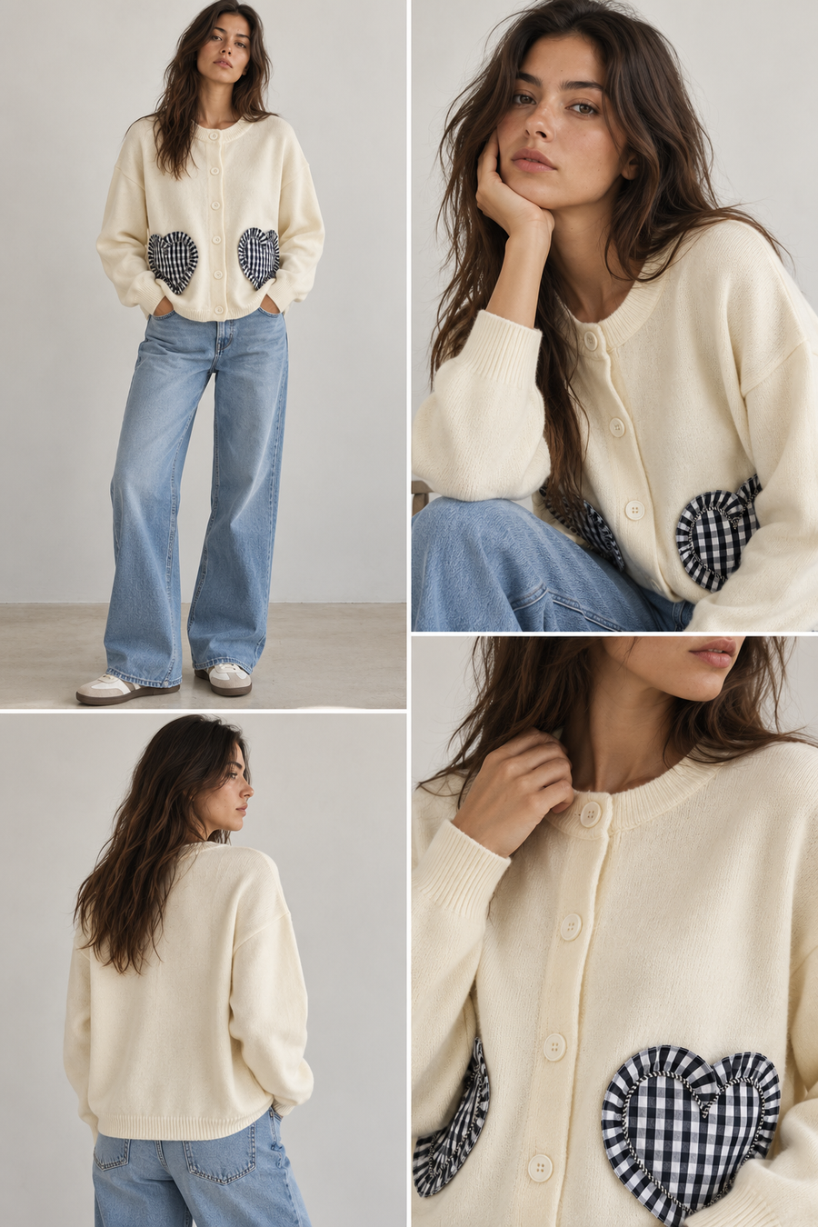 Veste Cardigan en maille col rond poches cœur vichy