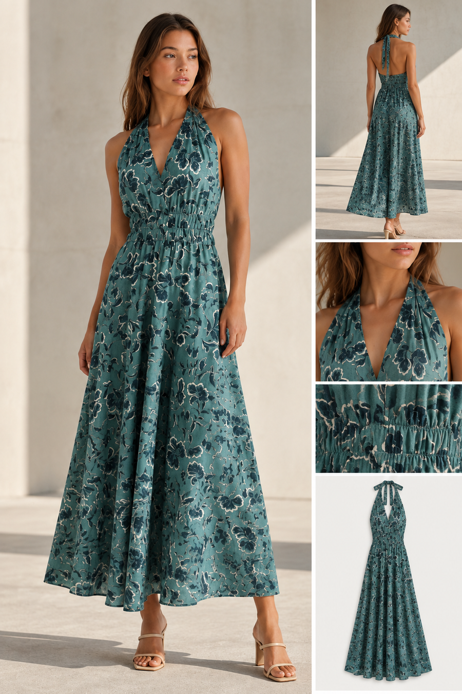 Robe longue dos nu à col halter fleurie