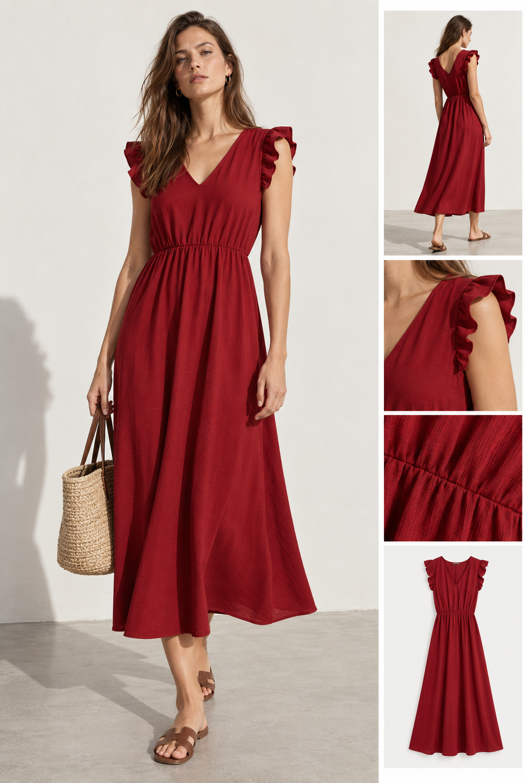 Robe midi fluide V-col sans manches taille élastique