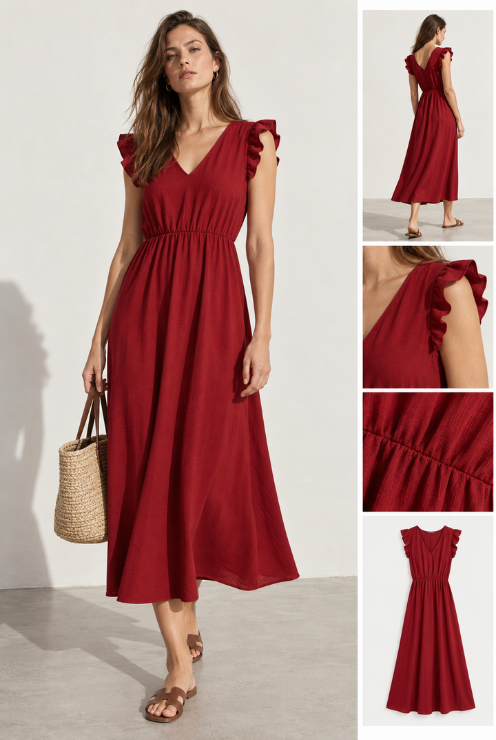 Robe midi fluide V-col sans manches taille élastique