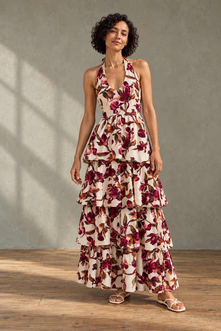 Robe longue licou fleurie à volants