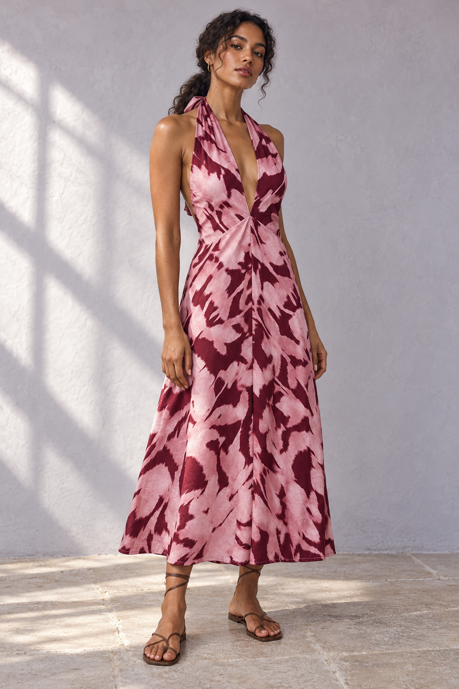 Robe midi halter dos nu imprimée