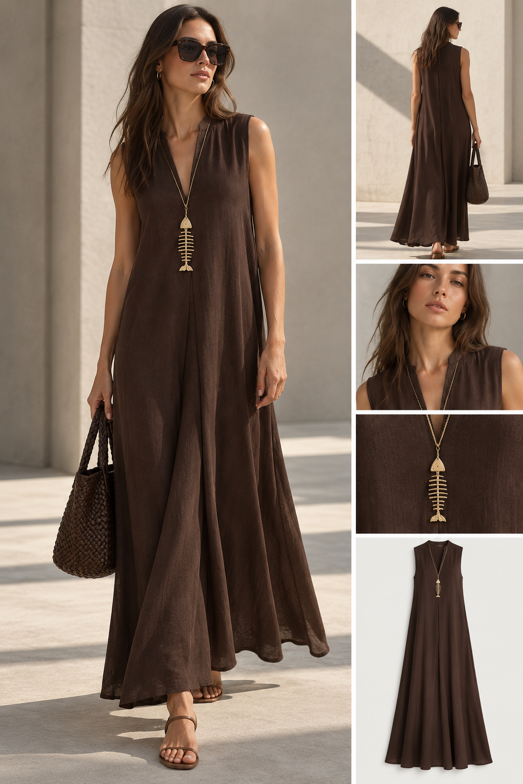 Robe maxi évasée col V chocolat