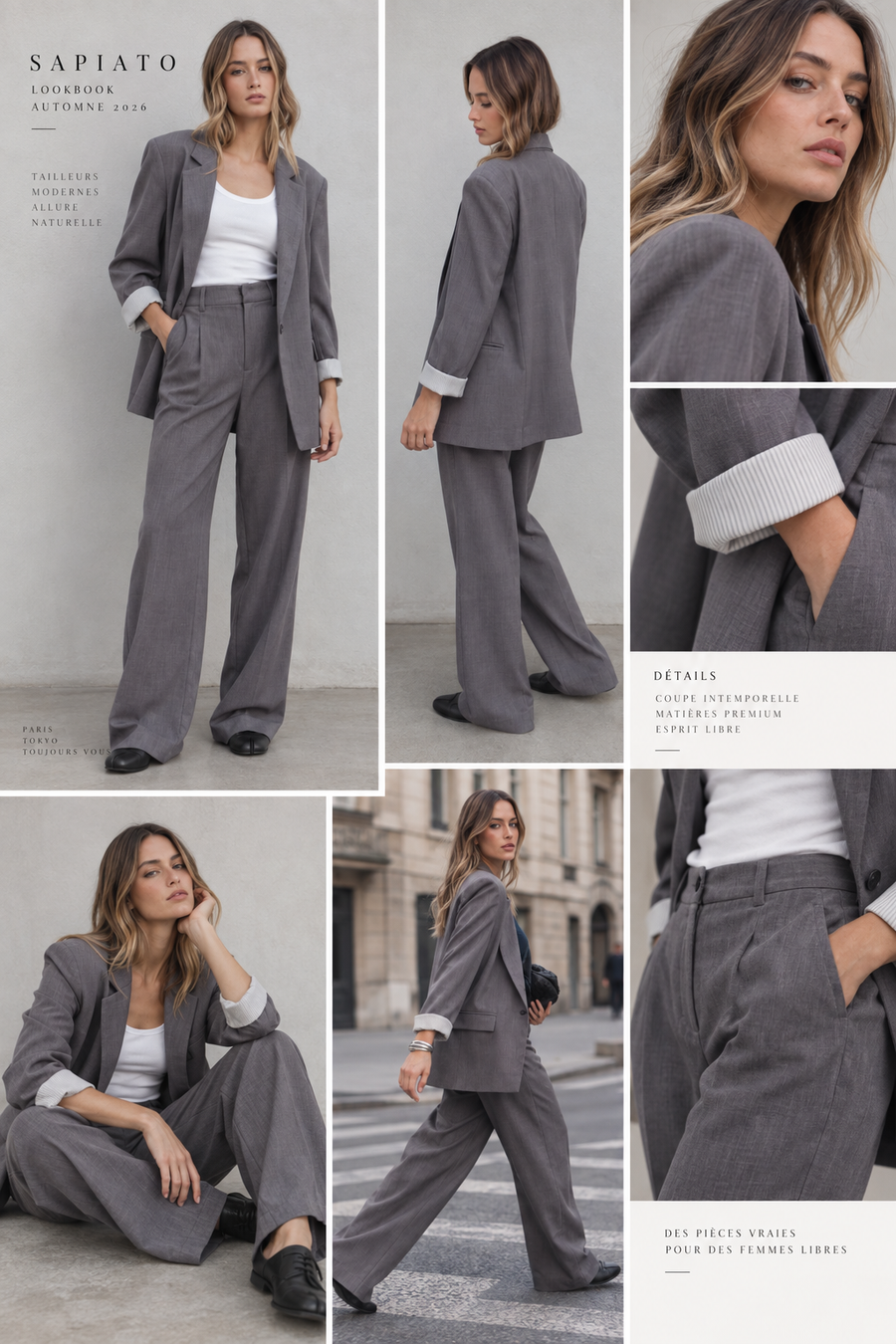 Veste grise oversize à un bouton doublure rayée aux poignets