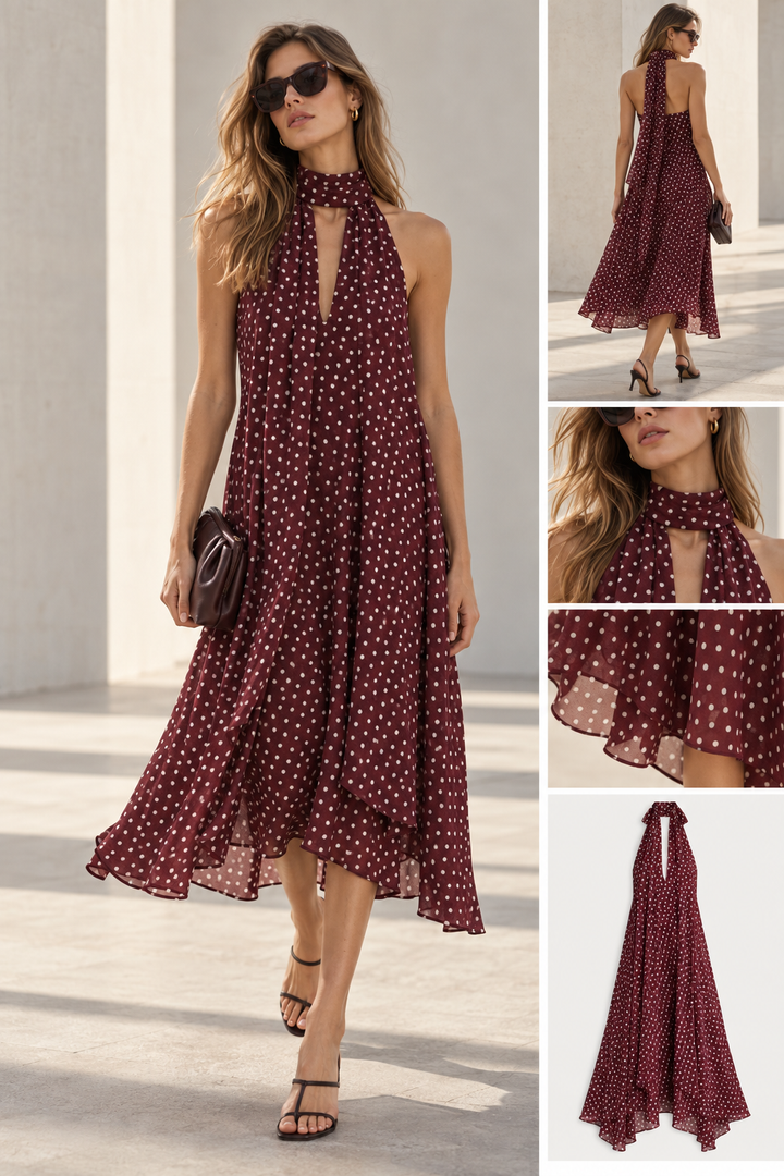 Robe halter midi à pois bordeaux
