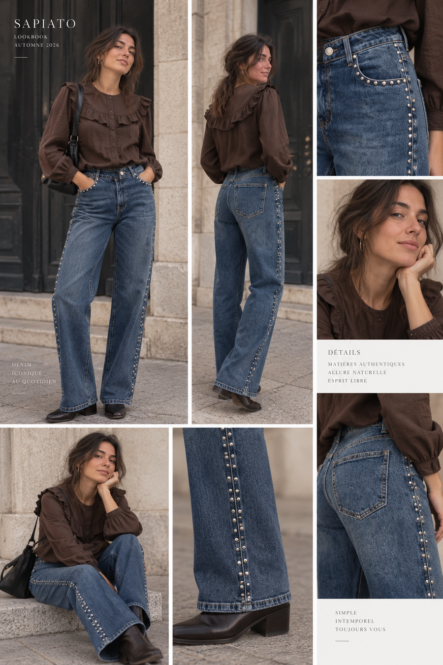 Jean large bleu taille haute à ceinture croisée