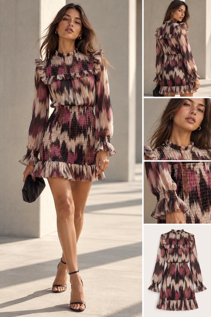 Robe courte imprimée à smocks col montant