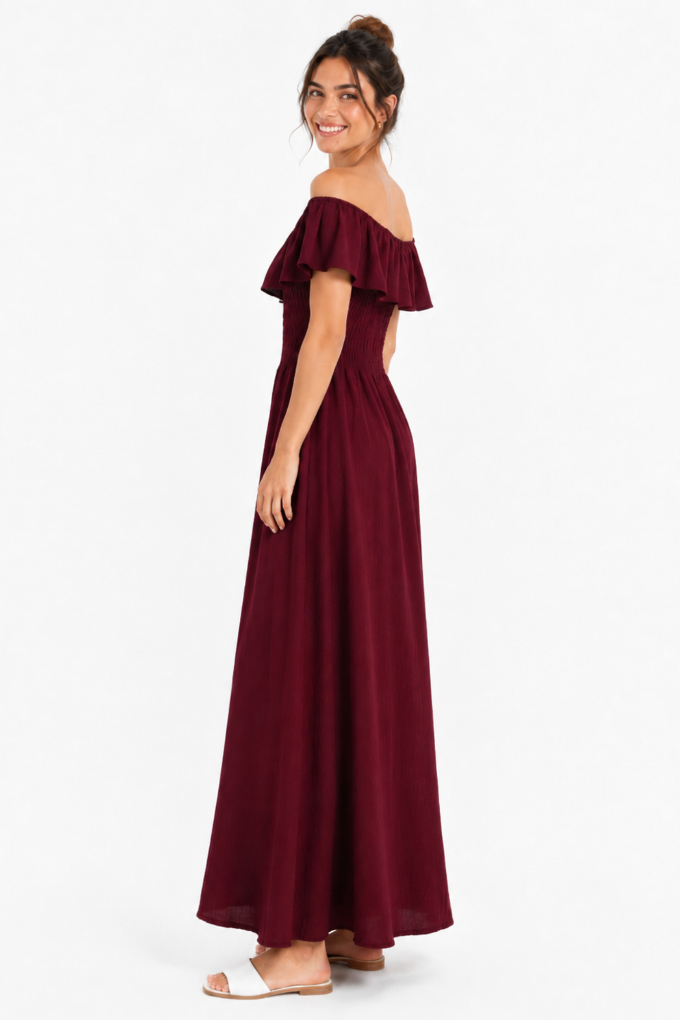 robe Bardot maxi bordeaux profil volant