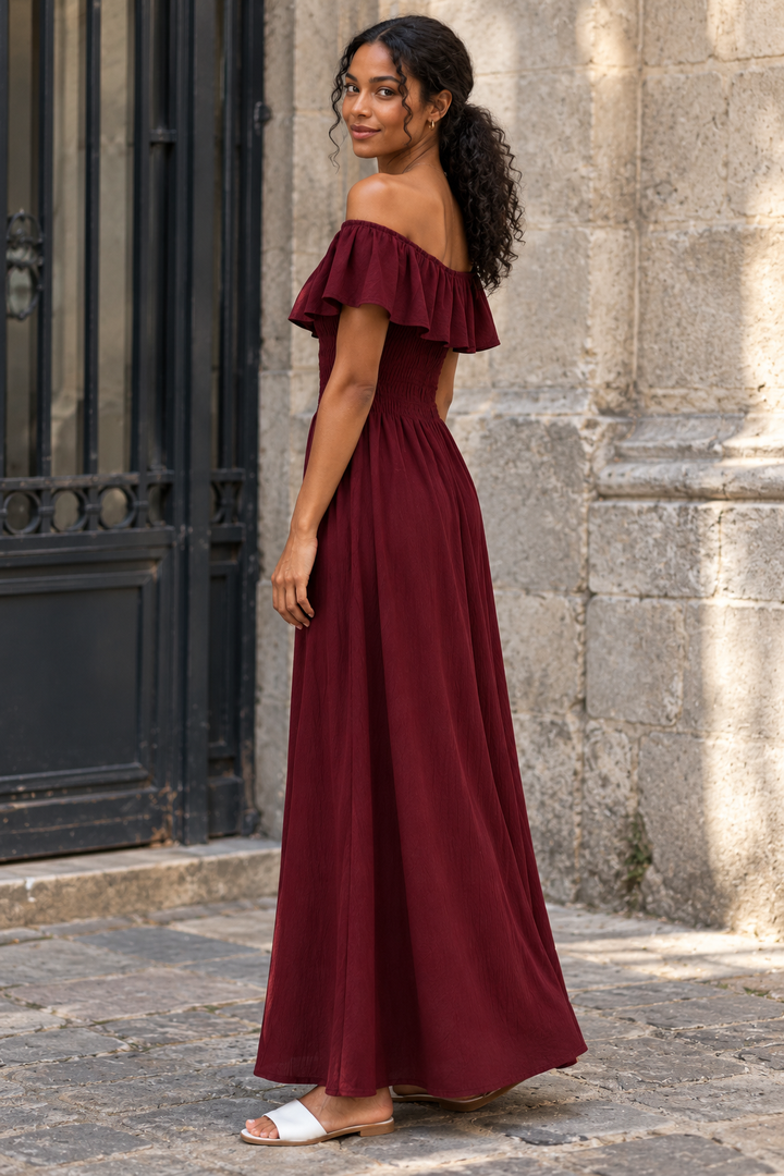 robe Bardot maxi bordeaux profil volant
