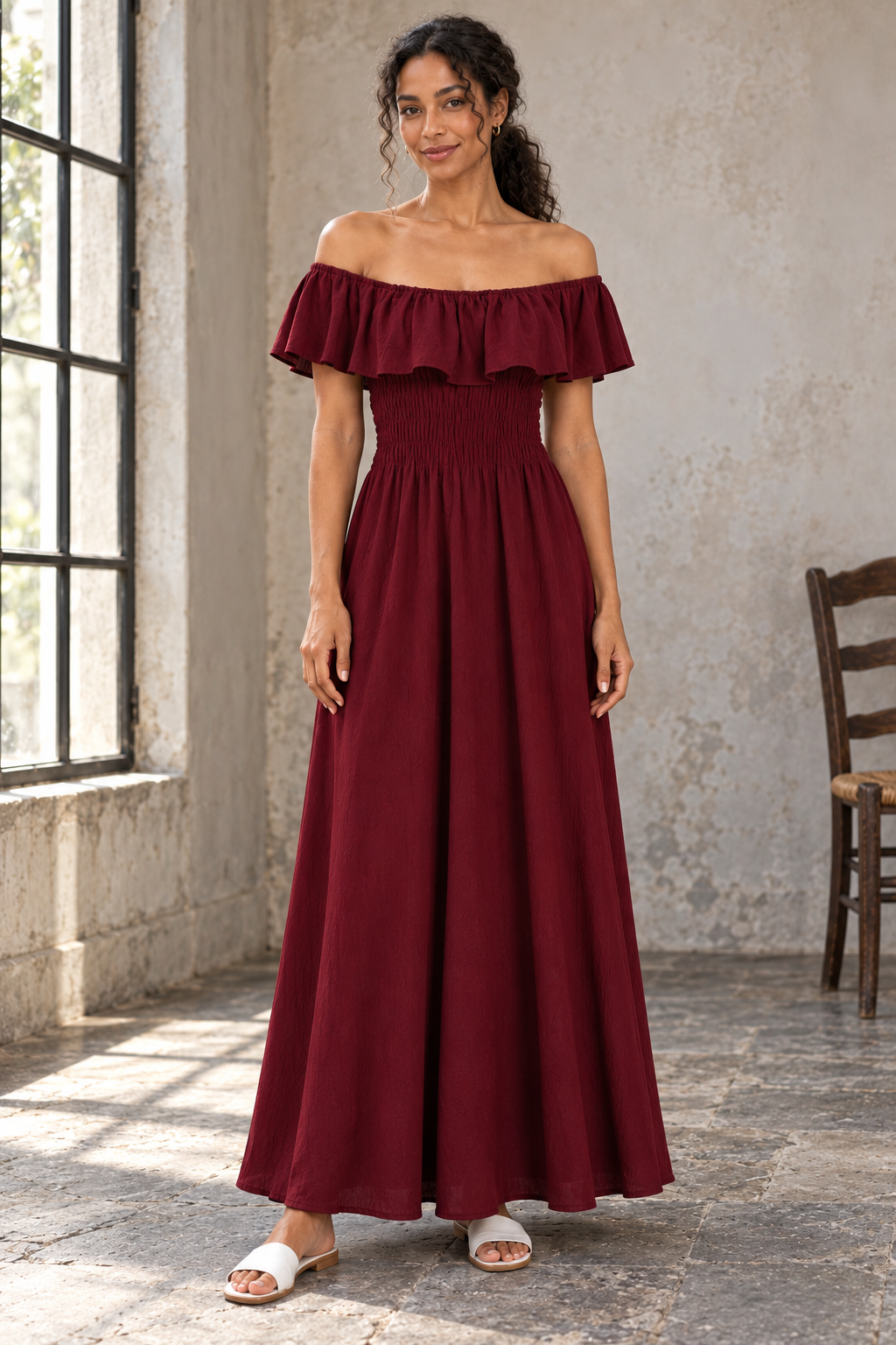 robe Bardot maxi bordeaux face buste smocké