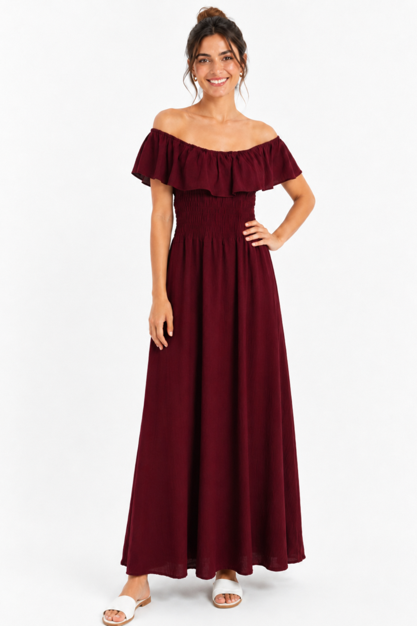 robe Bardot maxi bordeaux face buste smocké