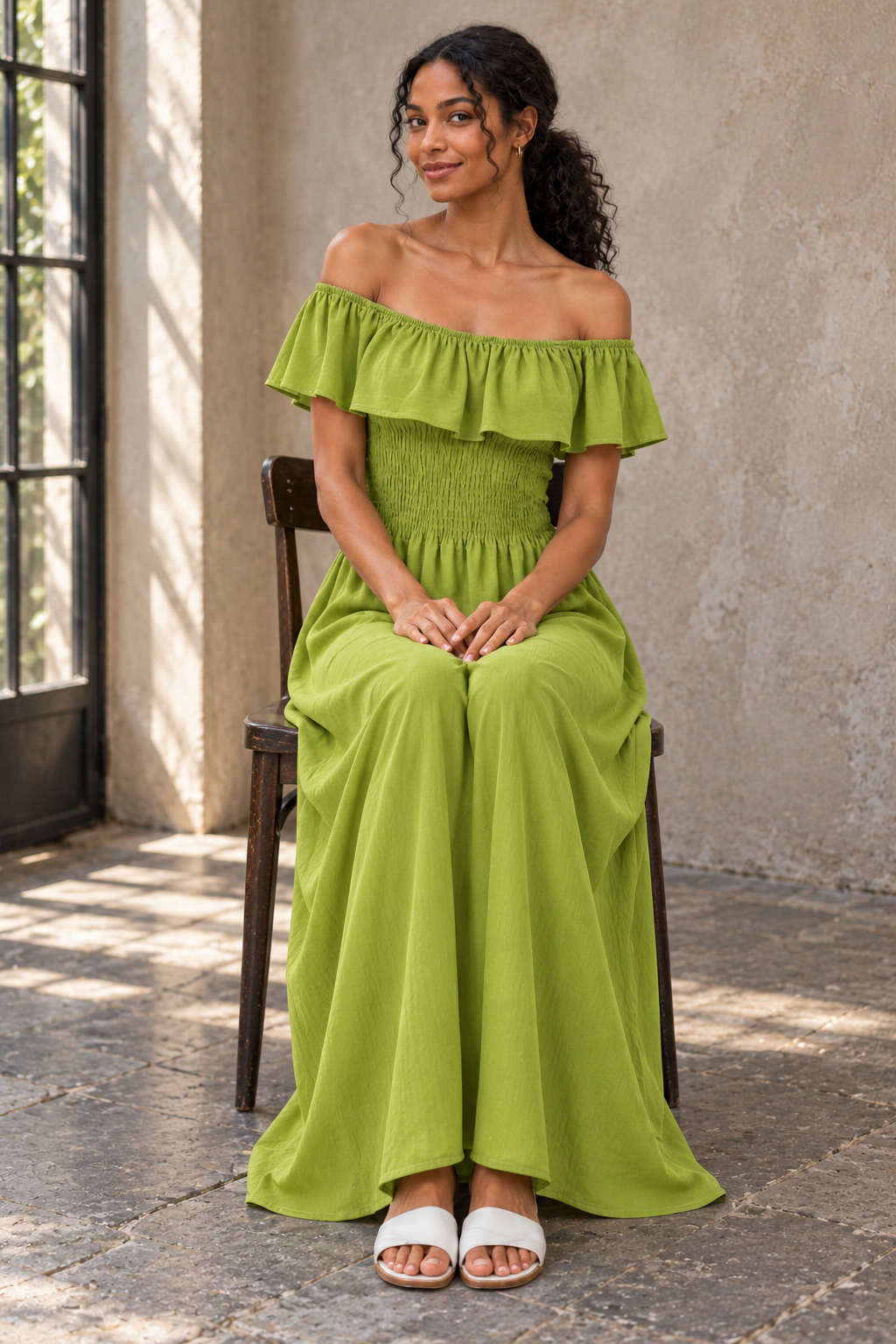 robe Bardot maxi vert olive face