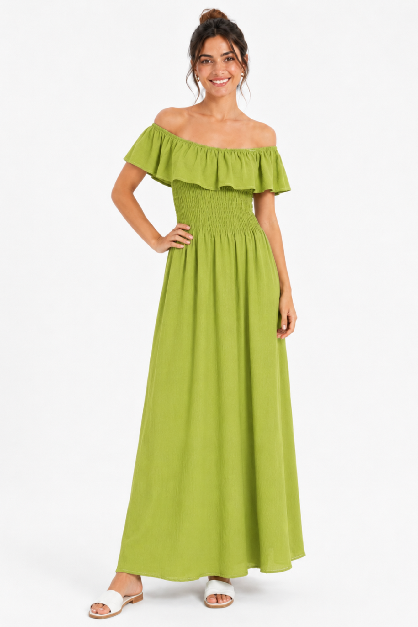 robe Bardot maxi vert olive face