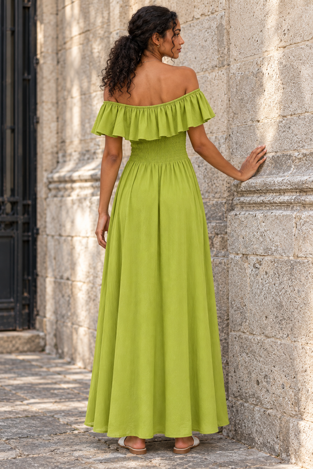 robe Bardot maxi vert olive dos 3 4