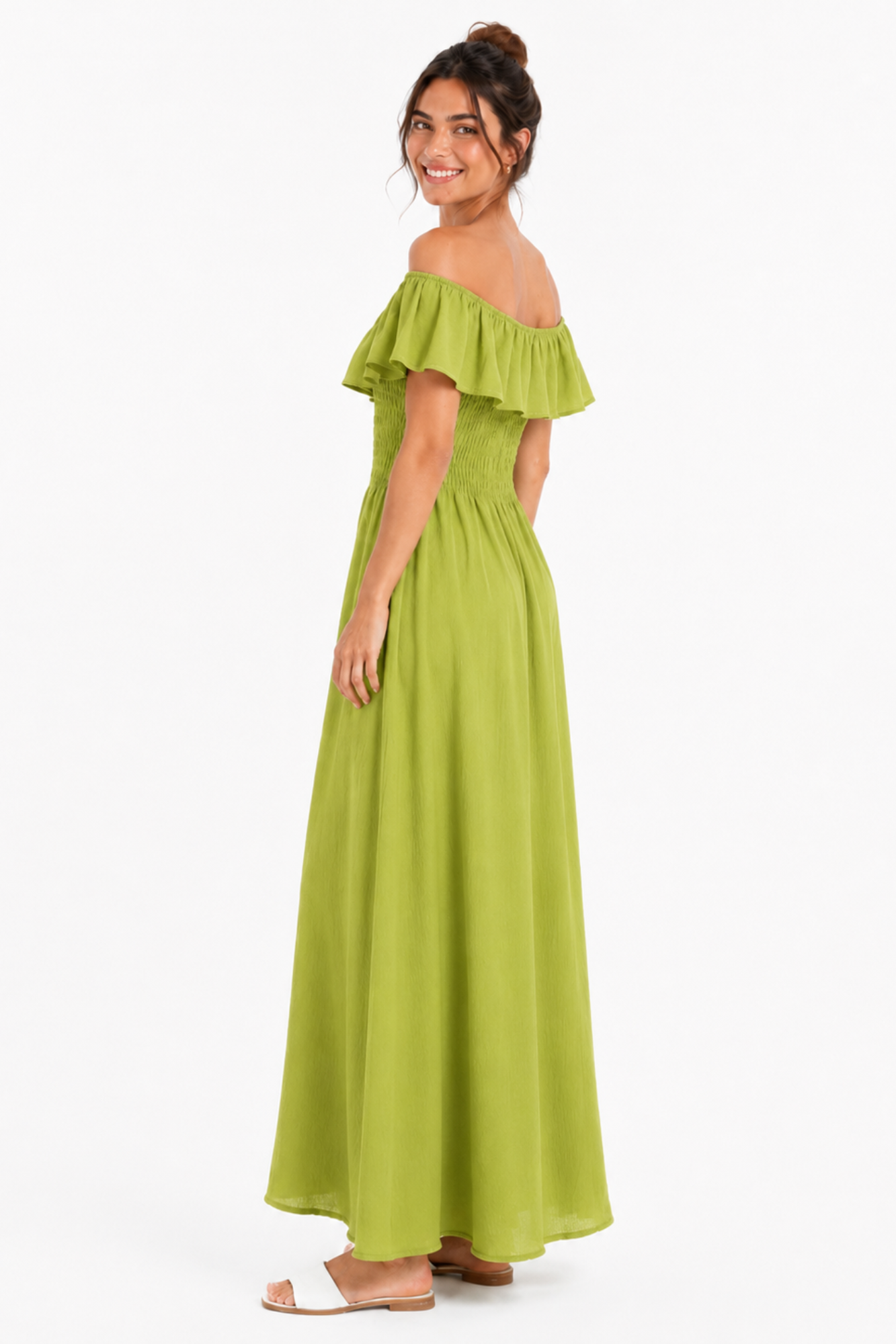 robe Bardot maxi vert olive dos 3 4