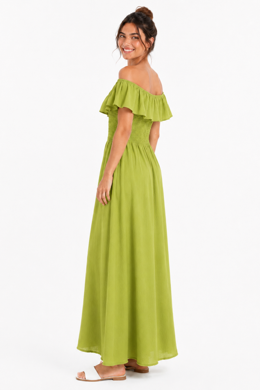 robe Bardot maxi vert olive dos 3 4
