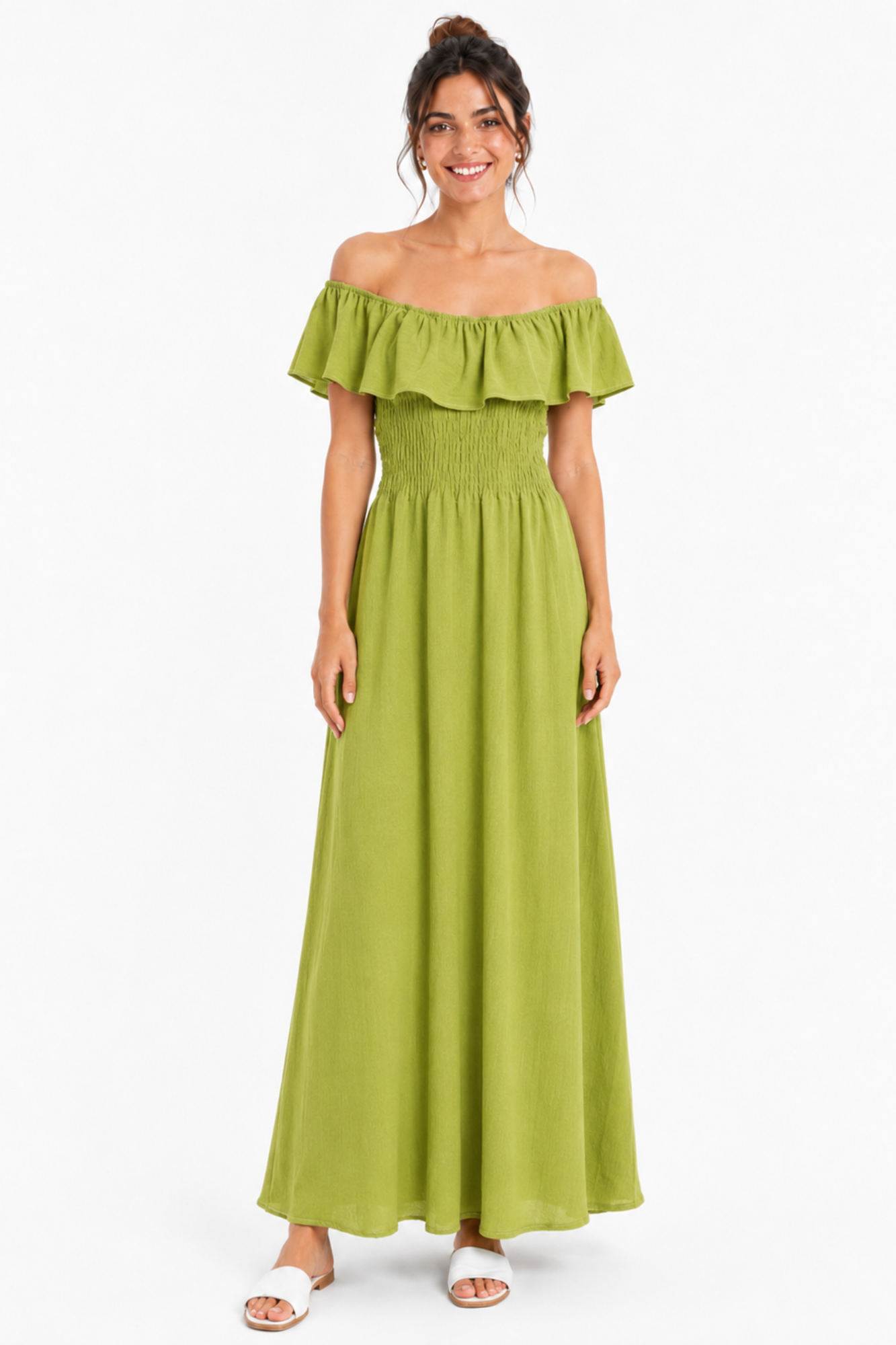 robe Bardot maxi vert olive buste smocké