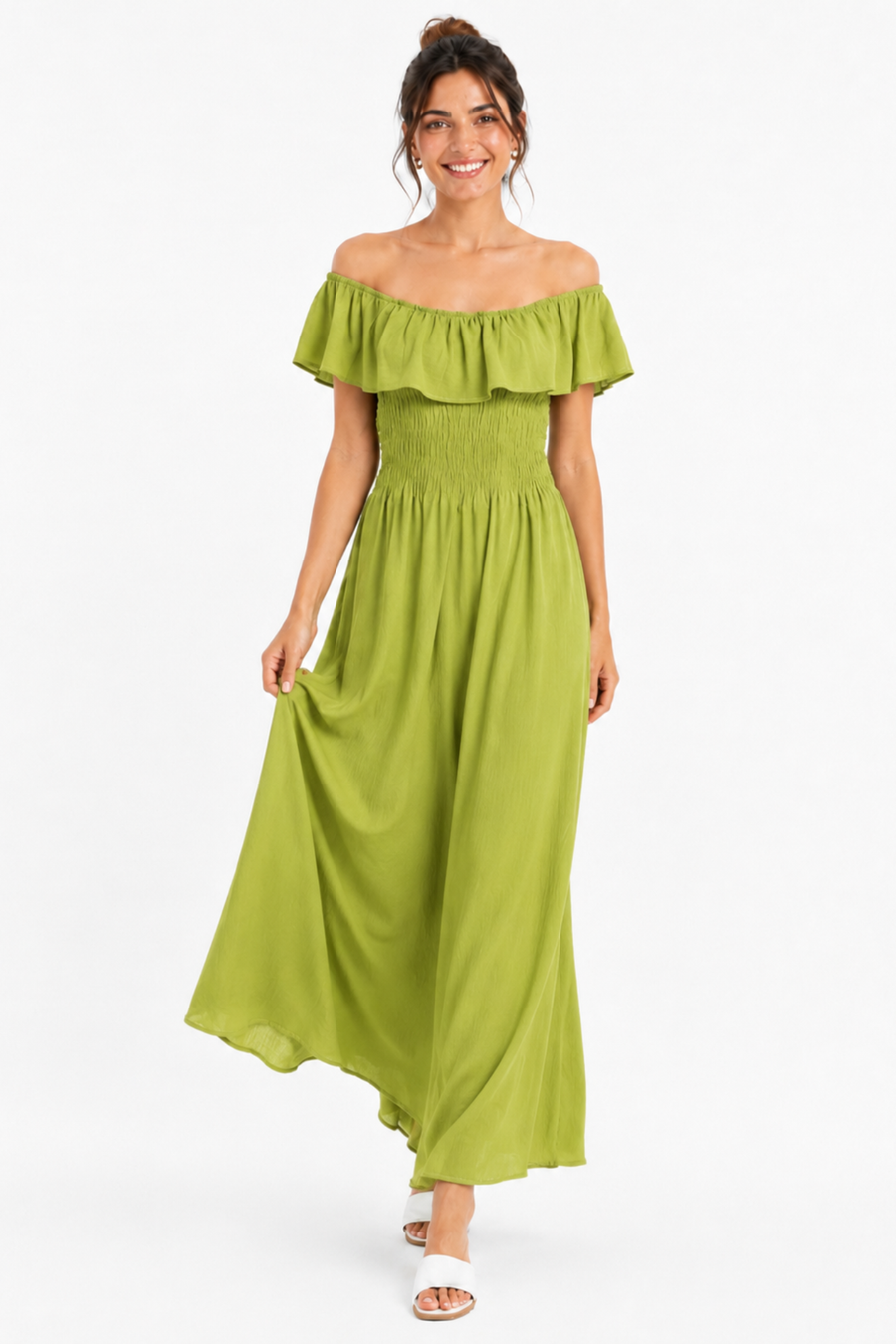 robe Bardot maxi vert olive en mouvement