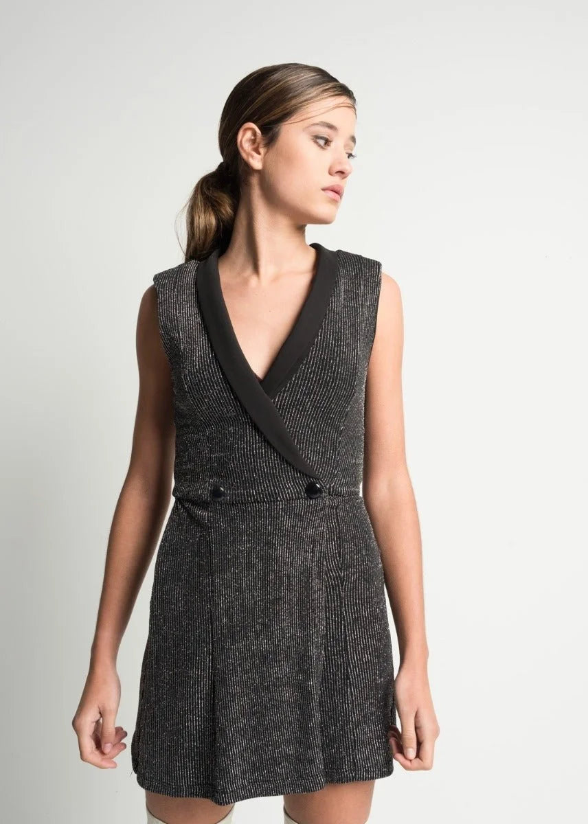 Robe blazer scintillante sans manches V-neck mini dress avec deux boutons brillants