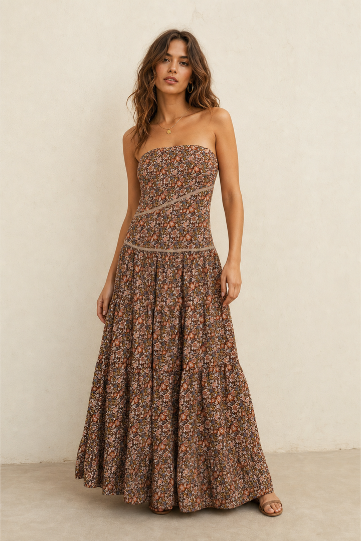 Robe bustier longue fleurie à volants