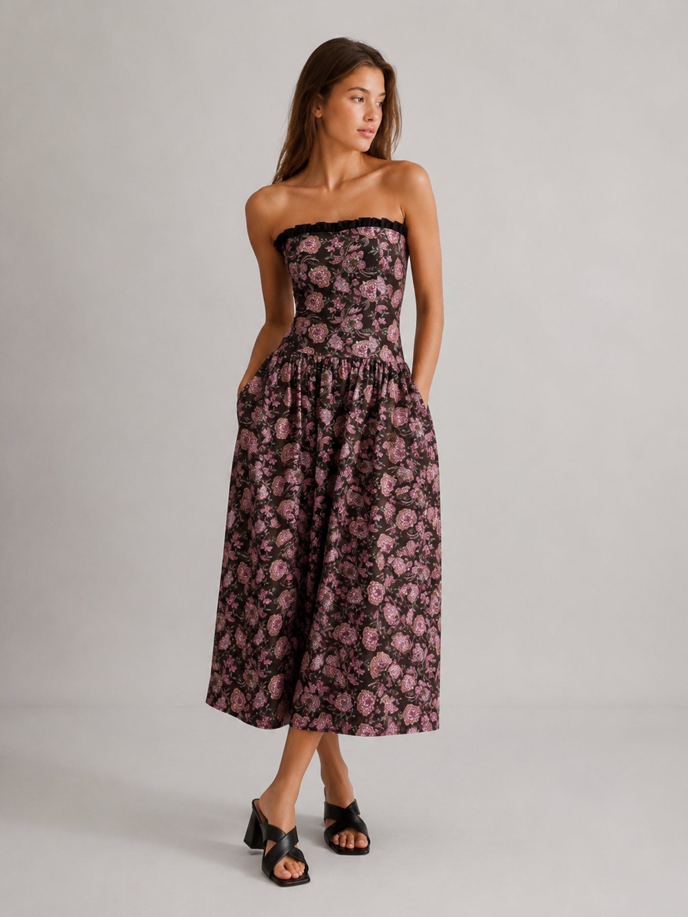 Robe bustier midi fleurie coloris Chocolat