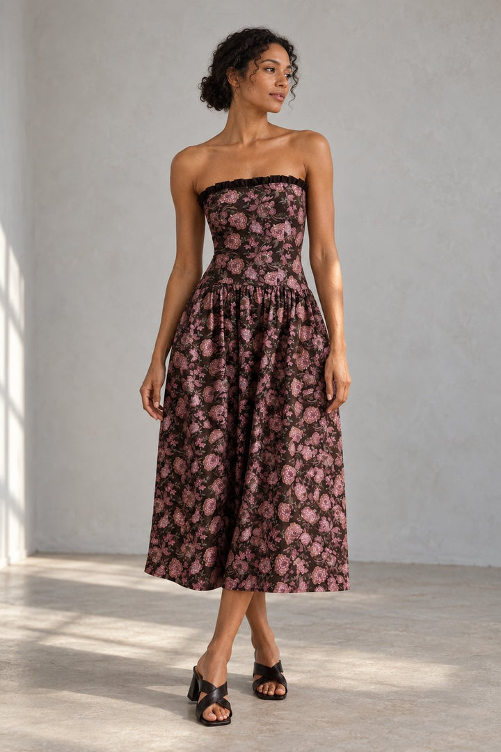 Robe bustier midi fleurie coloris Chocolat