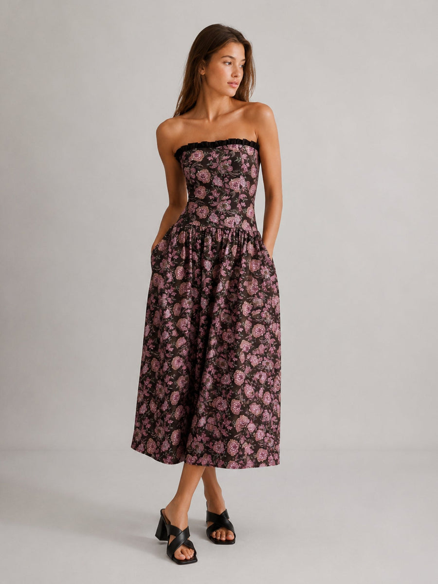 Robe bustier midi fleurie coloris Chocolat