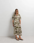 Robe chemise imprimée tie-dye vert olive avec manches courtes et col