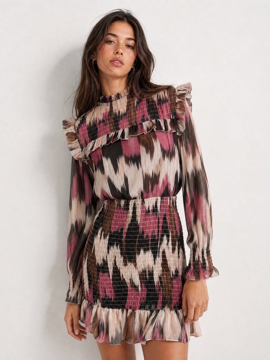 robe imprimée col montant volanté