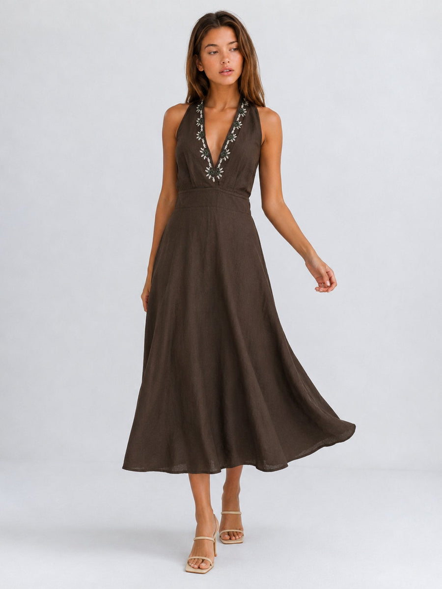 Robe midi en lin halter chocolat
