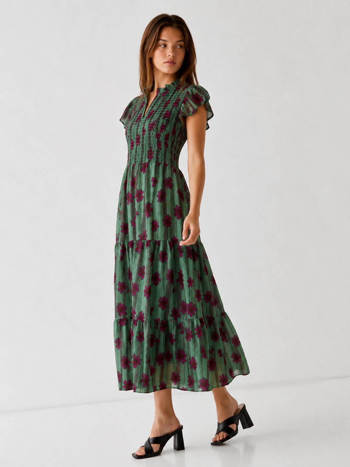 robe midi fleurie à volants profil