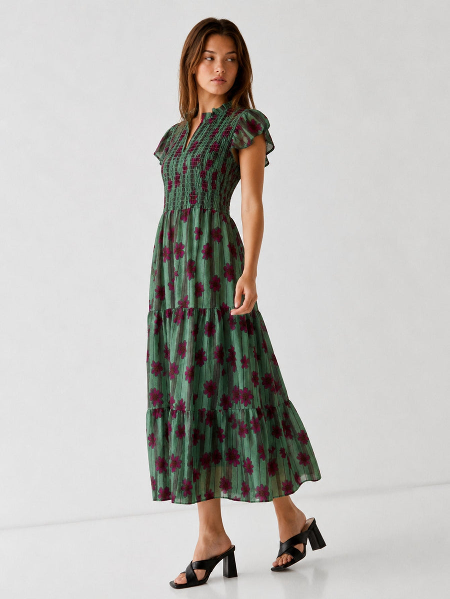 robe midi fleurie à volants profil