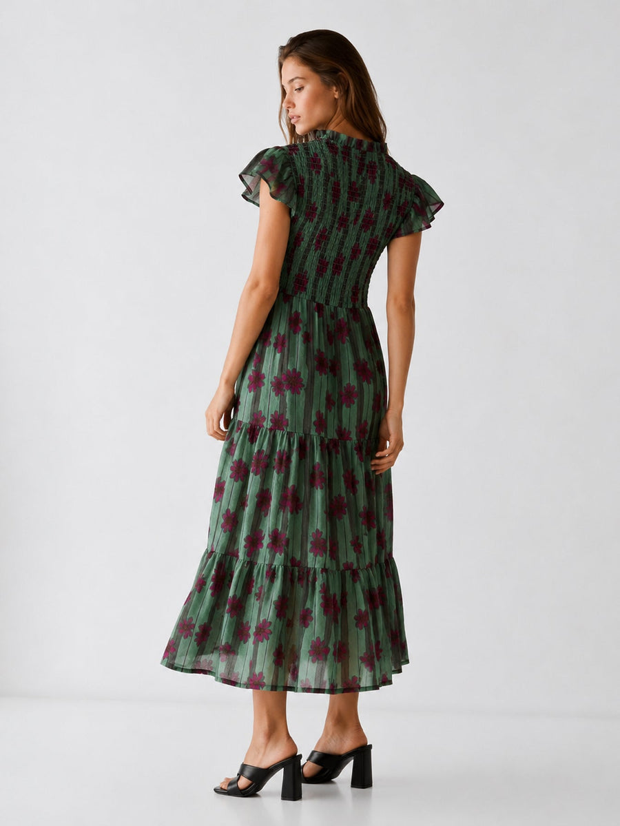 robe midi fleurie dos smocké
