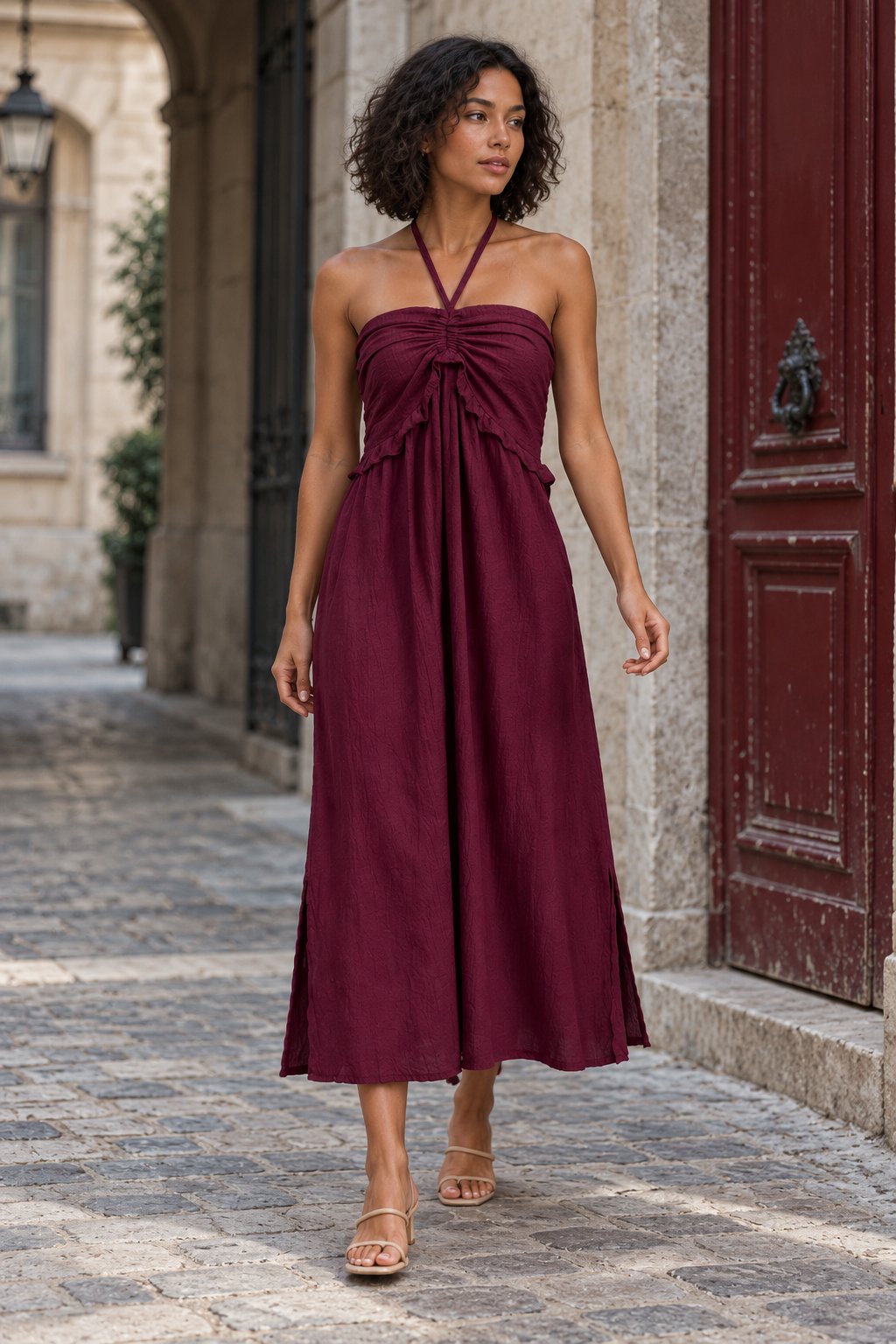 Robe halter midi face bordeaux