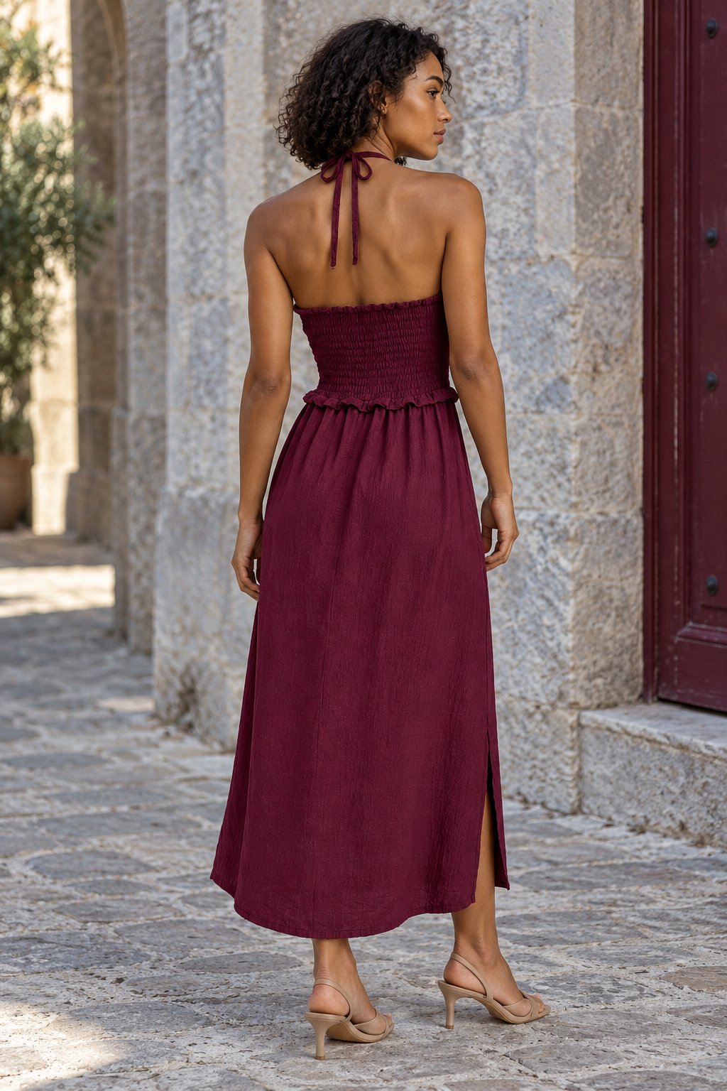 Robe halter dos smocké bordeaux