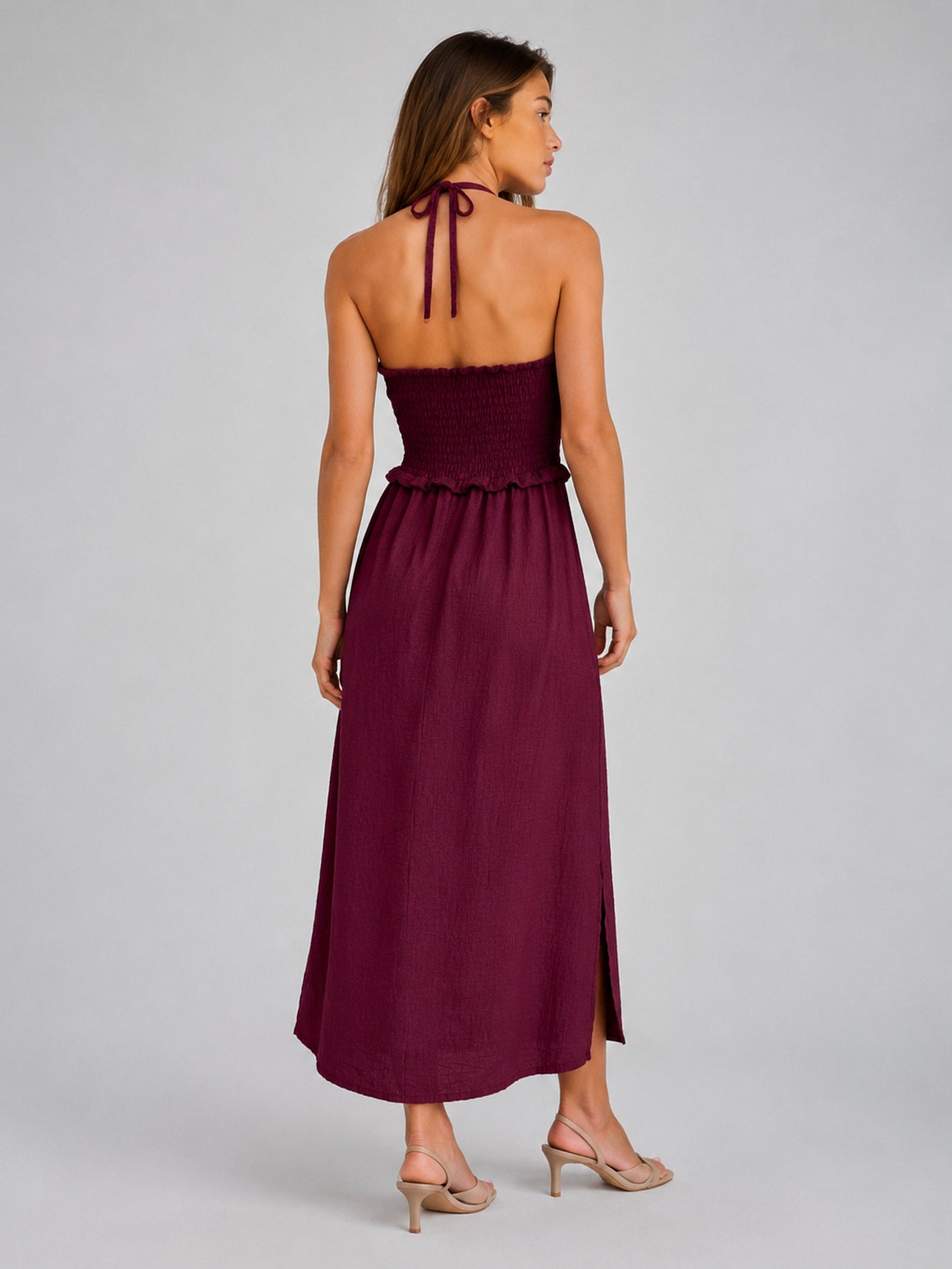 Robe halter dos smocké bordeaux