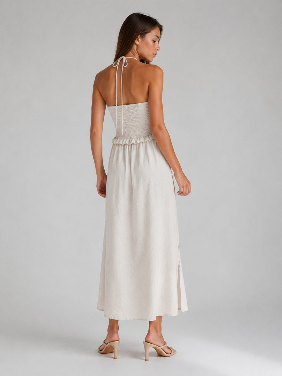 Robe halter dos smocké beige