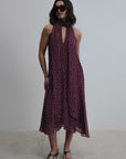 Robe halter à pois bordeaux ourlet asymétrique
