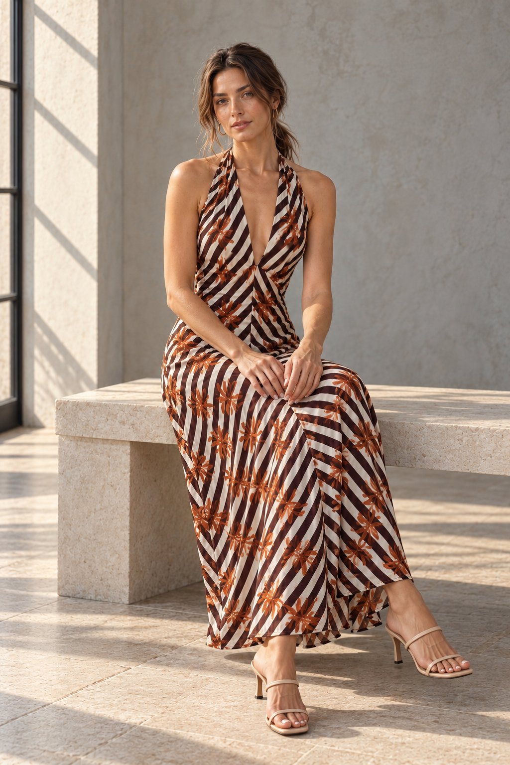 Robe midi imprimé rayures et fleurs décolleté plongeant