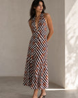 Robe midi imprimé rayures et fleurs décolleté plongeant