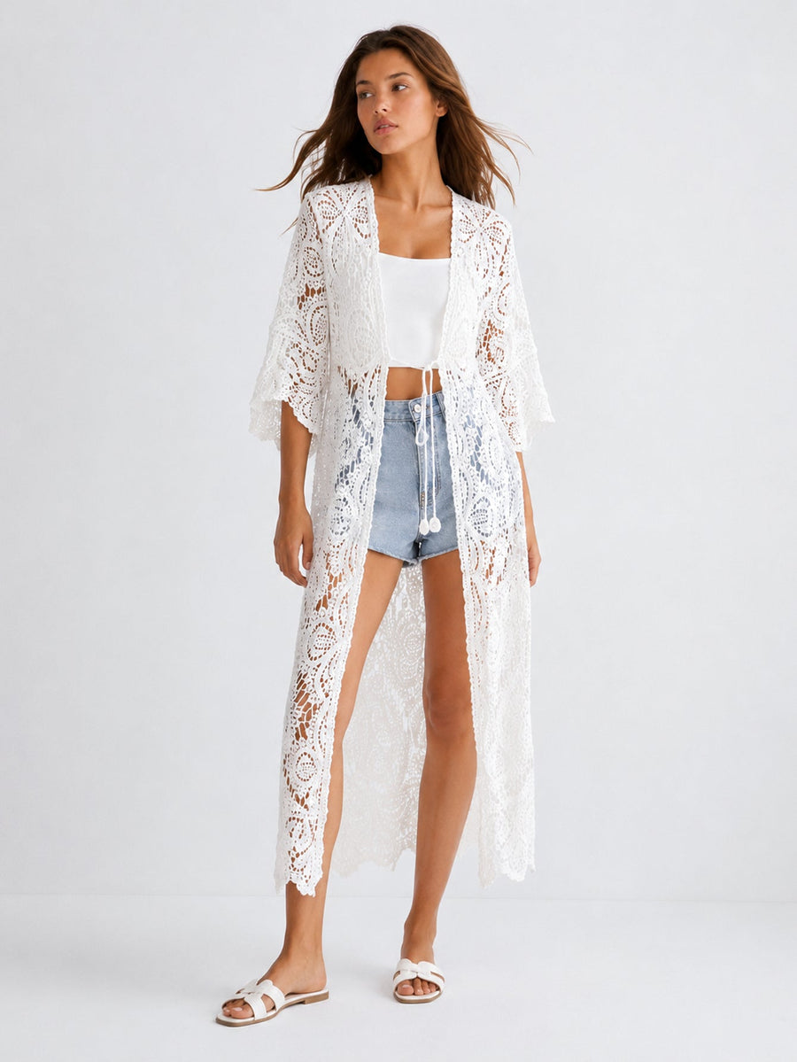 Kimono long en crochet ajouré blanc vue de face