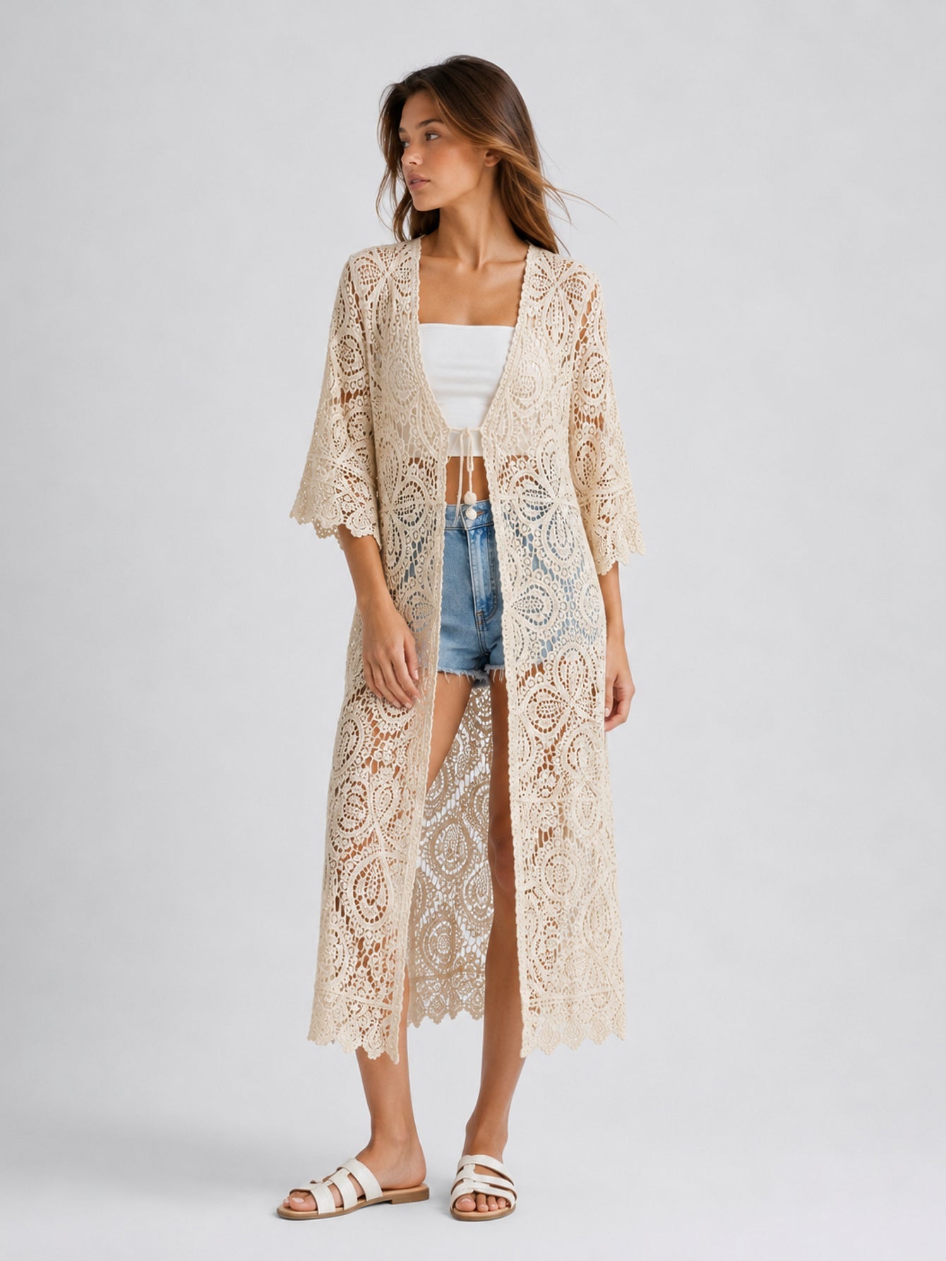 Kimono long en crochet ajouré beige vue de face