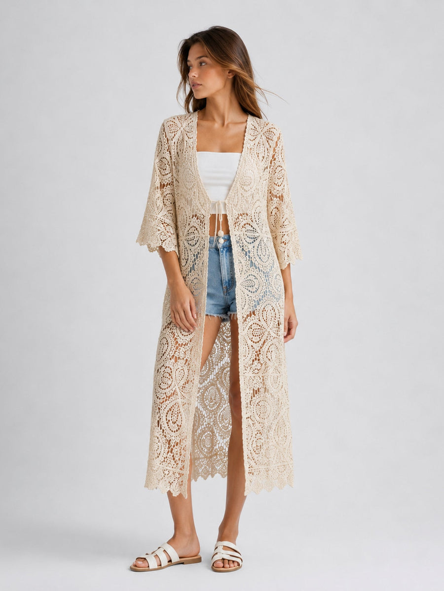 Kimono long en crochet ajouré beige vue de face