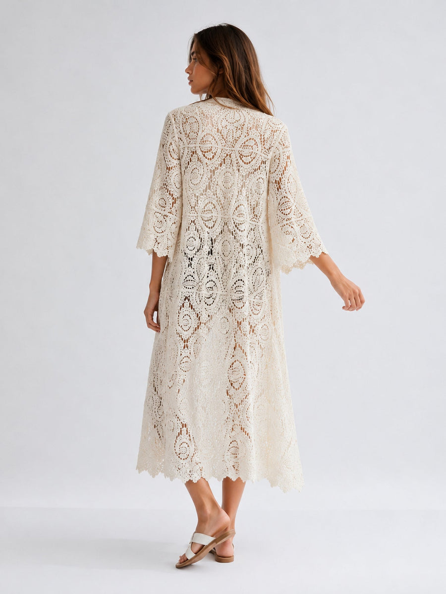 Dos du kimono long en crochet beige