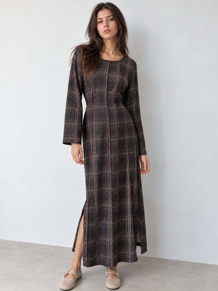 Robe longue à carreaux marron