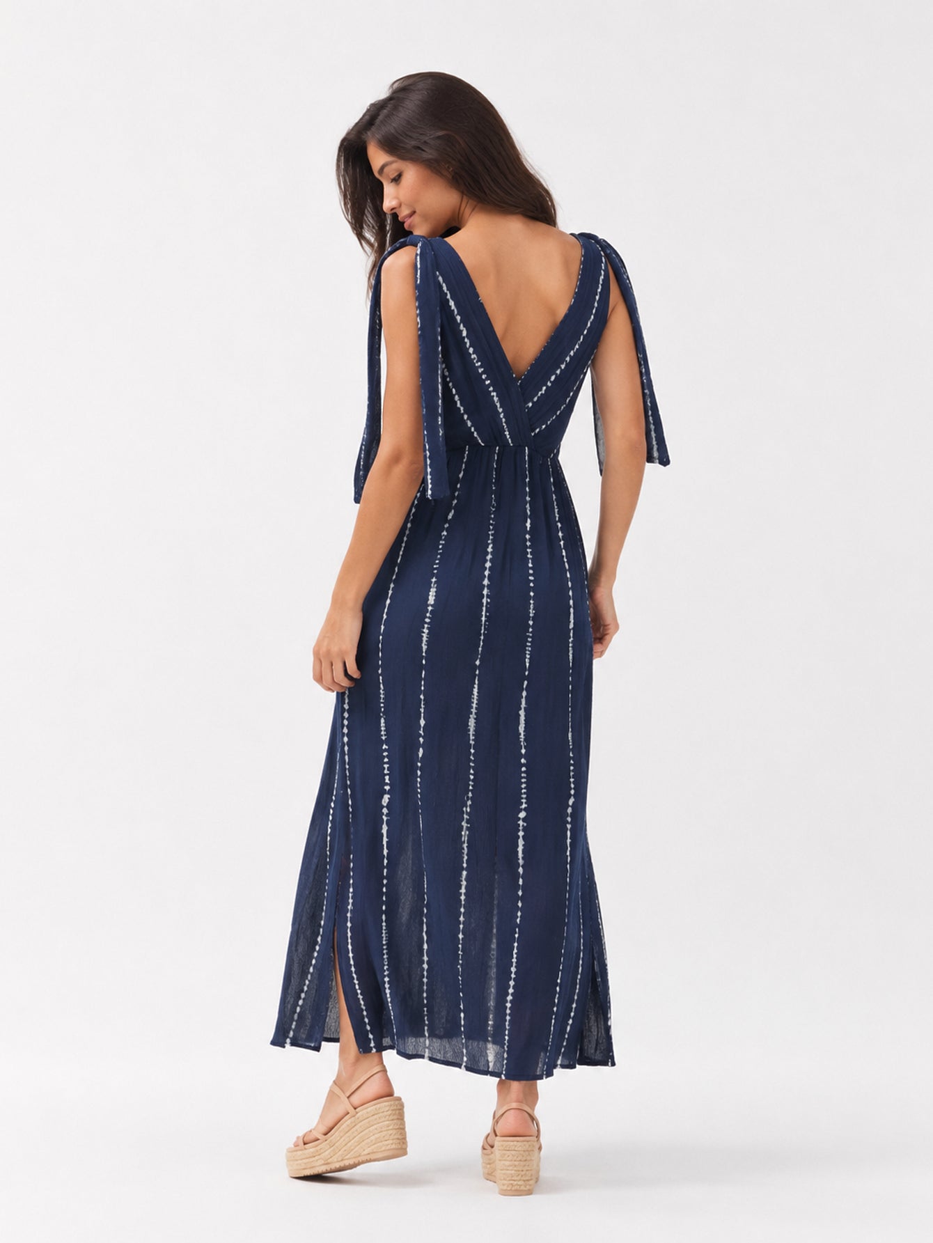 robe longue tie dye dos en V bleu marine
