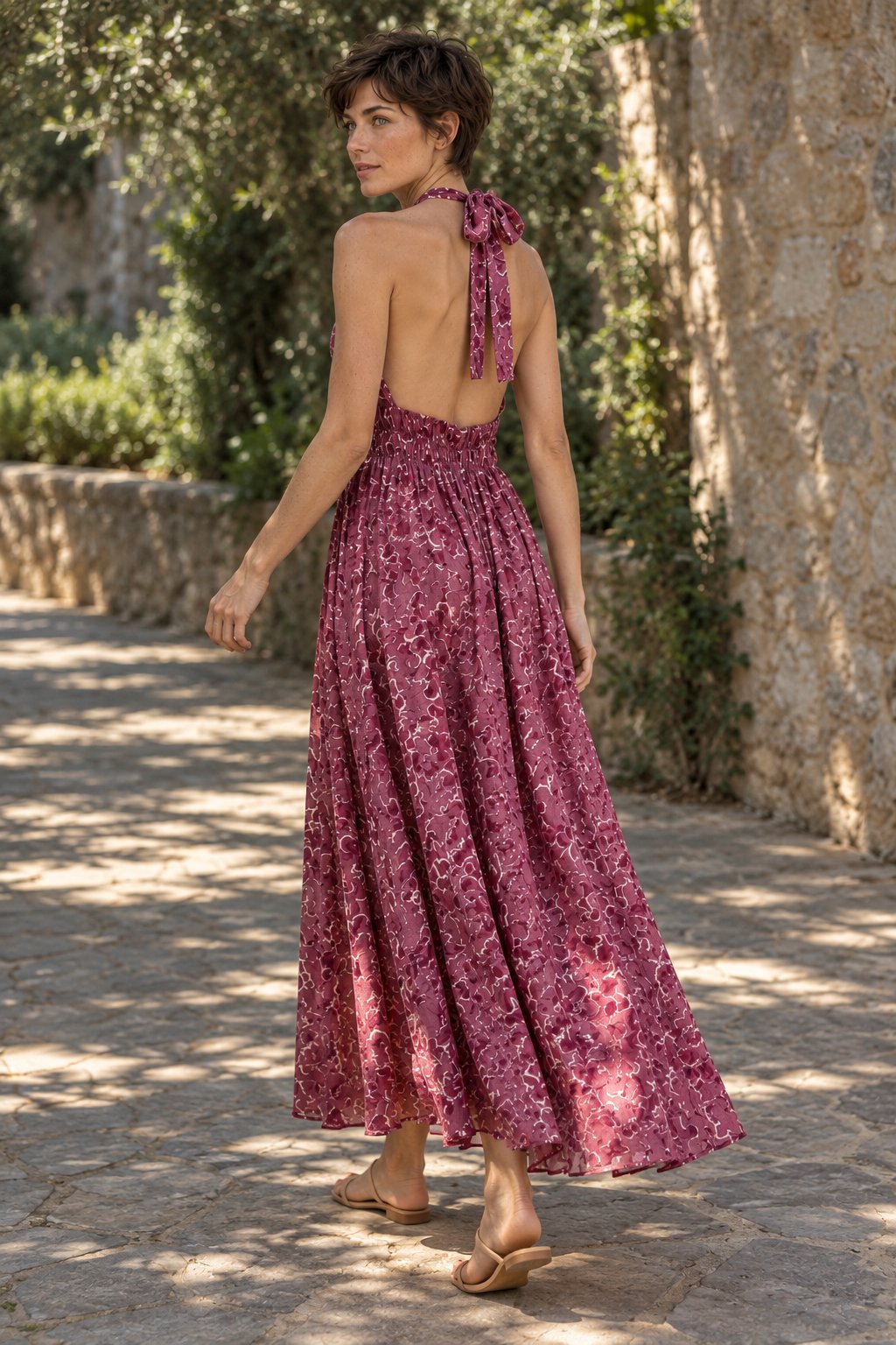 Robe halter rose poudré nœud à la nuque