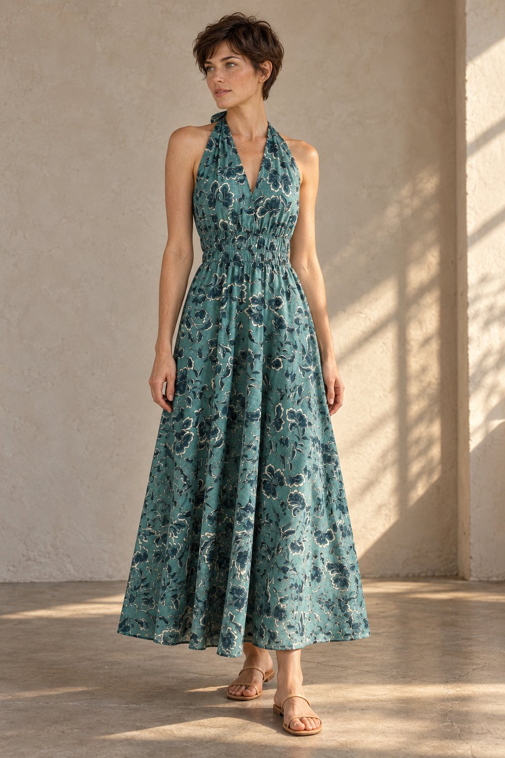 Robe longue fleurie vert d'eau vue de face