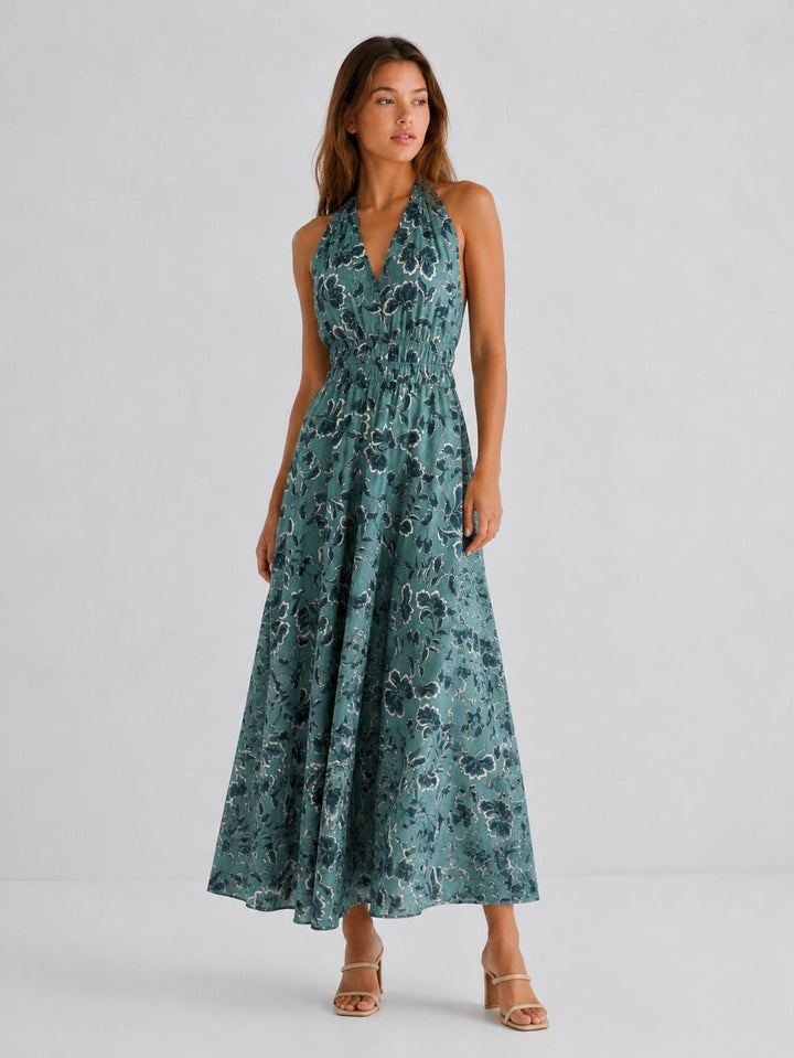 Robe longue dos nu à col halter fleurie