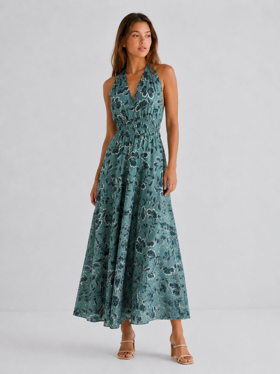 Robe longue fleurie vert d'eau vue de face